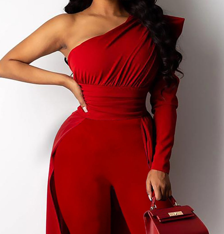 Monika Red One-Shoulder Puff-Sleeve Jumpsuit