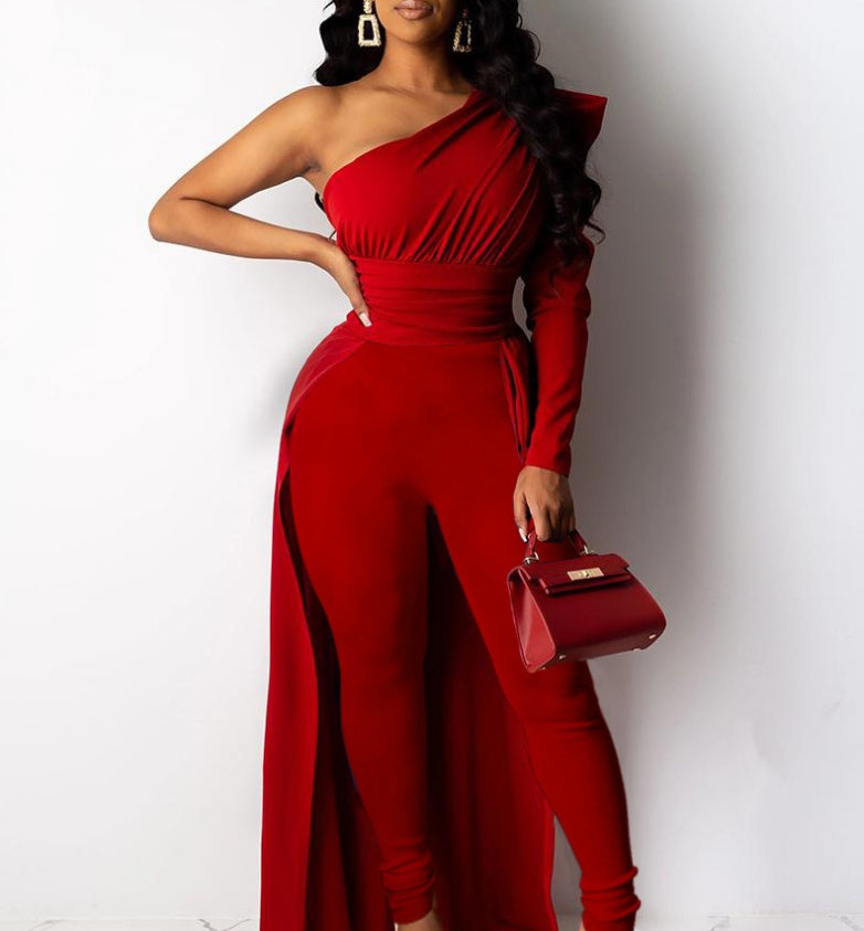 Monika Red One-Shoulder Puff-Sleeve Jumpsuit