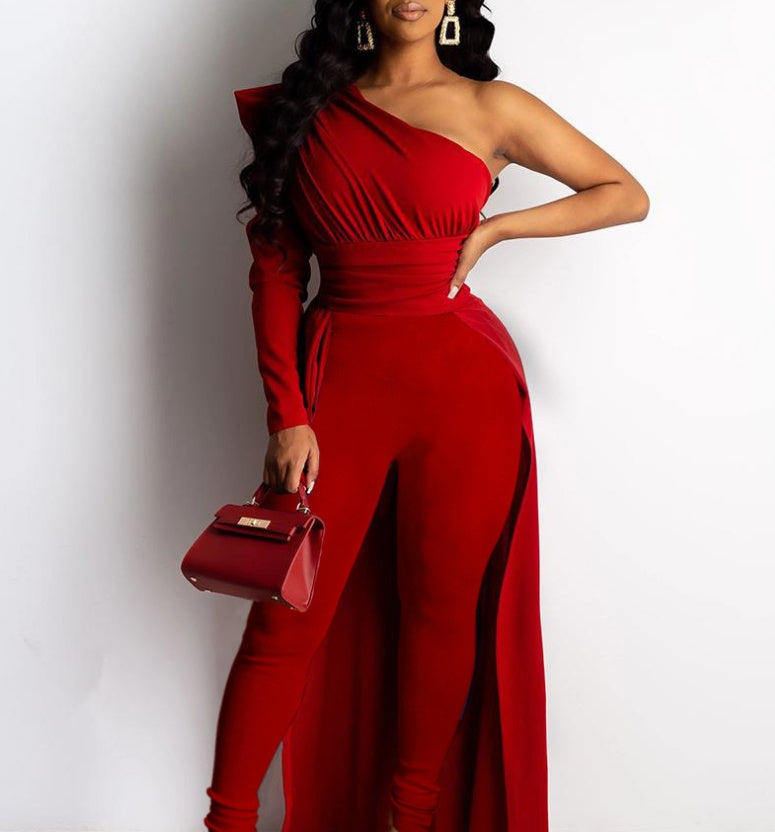 Monika Red One-Shoulder Puff-Sleeve Jumpsuit