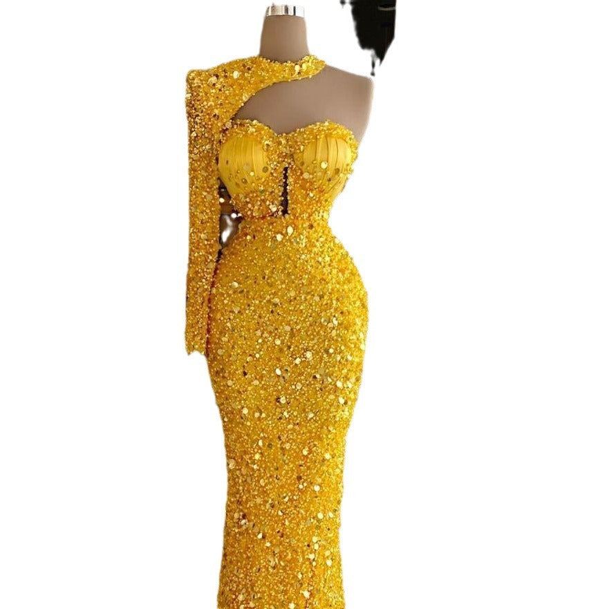 Monika Asymmetric Single-Sleeve Sequined Lace Dress