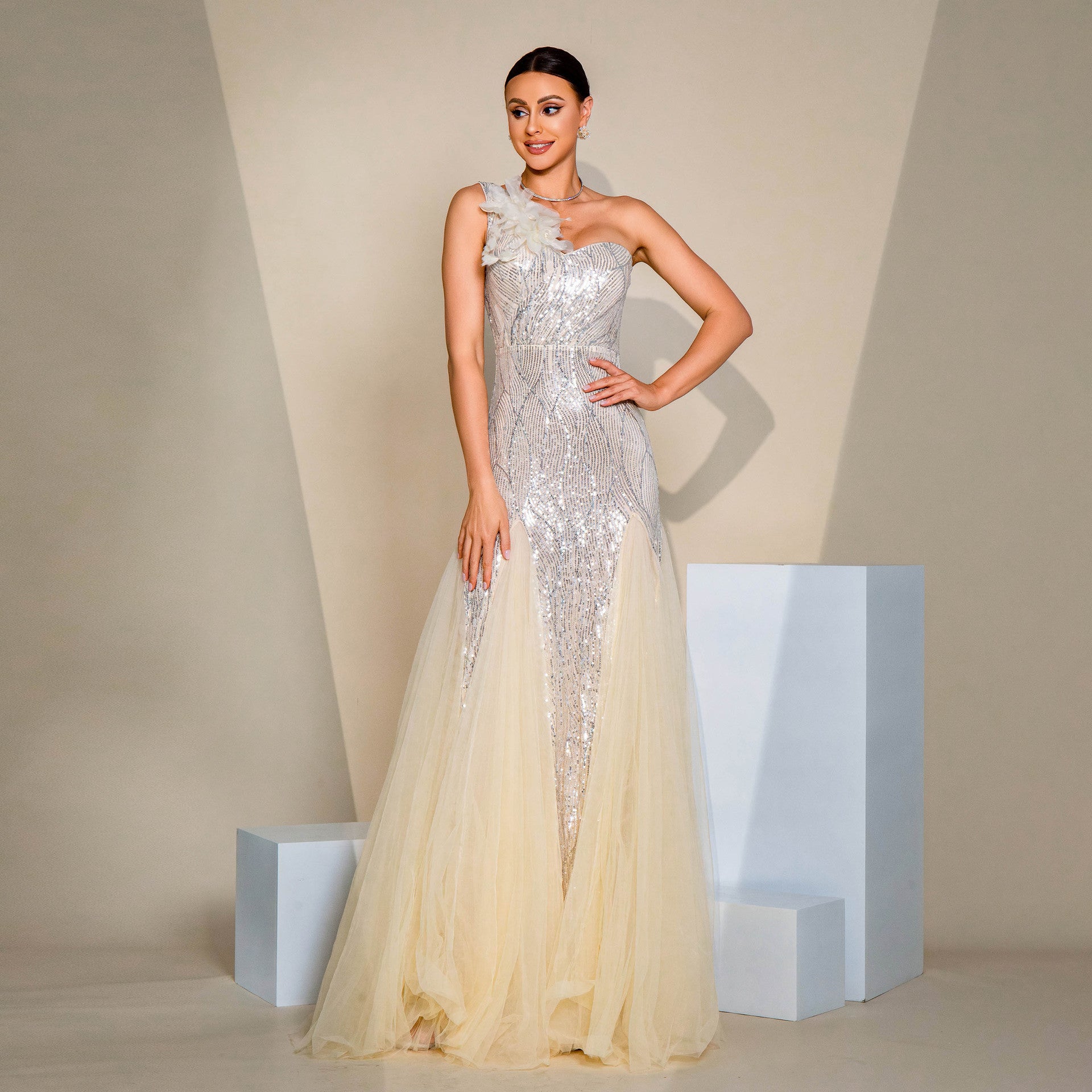 Monika One-Shoulder Slim-Fit Sequined Evening Dress