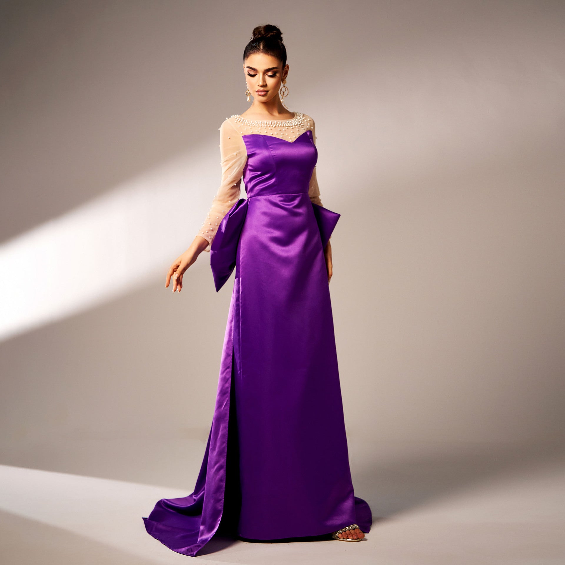 Monika Long-Sleeve Beaded Bow Evening Dress