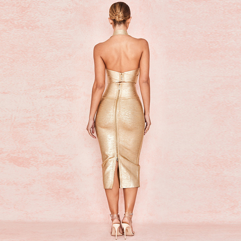 Golden Celebrity Party Dress | Monika Beauty