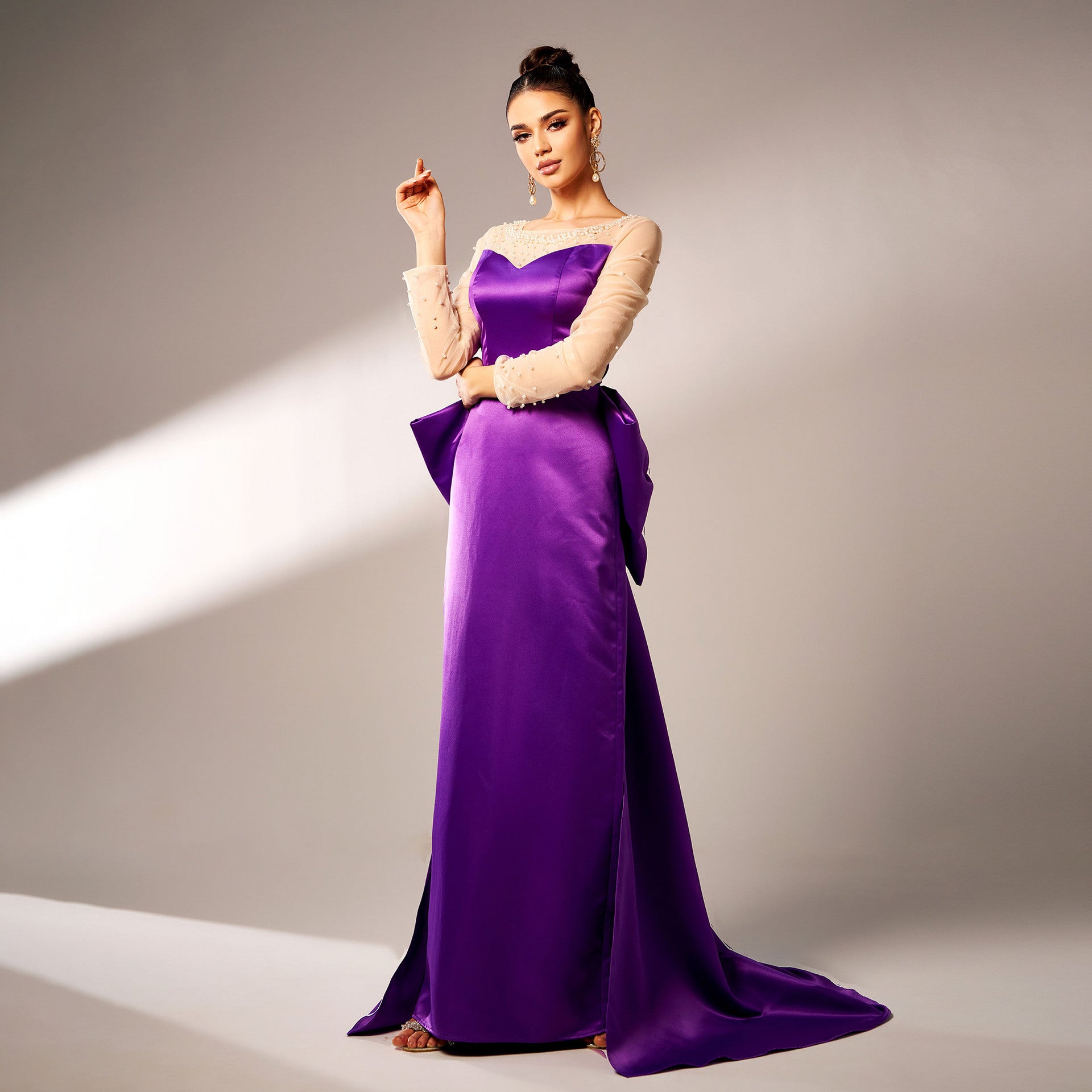 Monika Long-Sleeve Beaded Bow Evening Dress