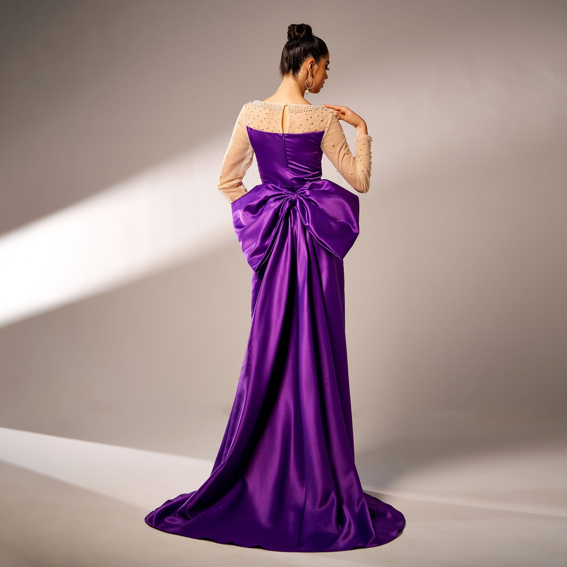 Monika Long-Sleeve Beaded Bow Evening Dress