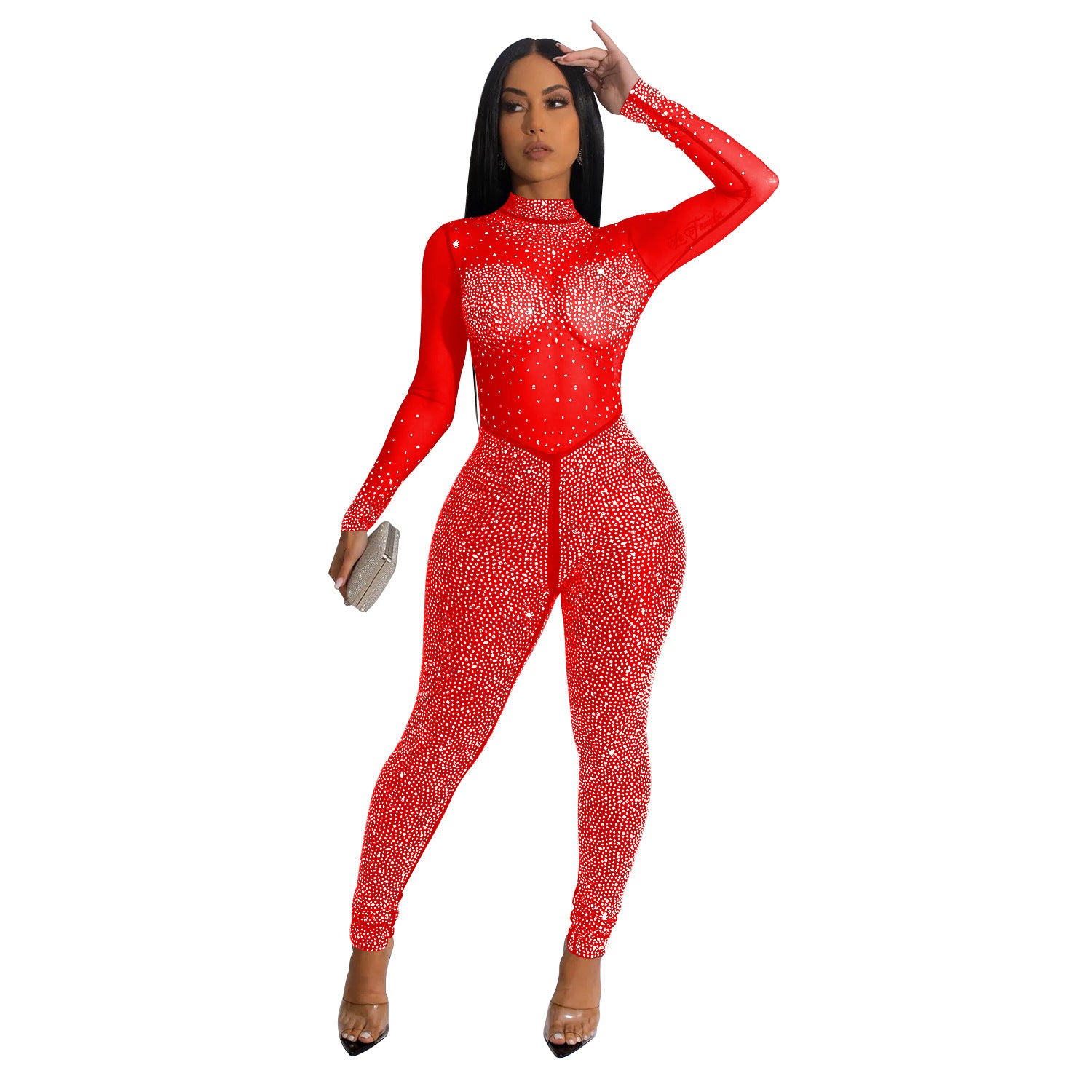 Monika Women’s Mesh Hot-Drill Long-Sleeve Jumpsuit