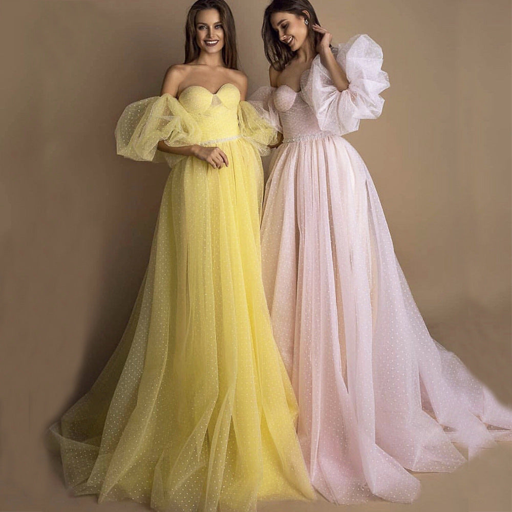 Monika Tube Top Evening Gown with Lantern Sleeves