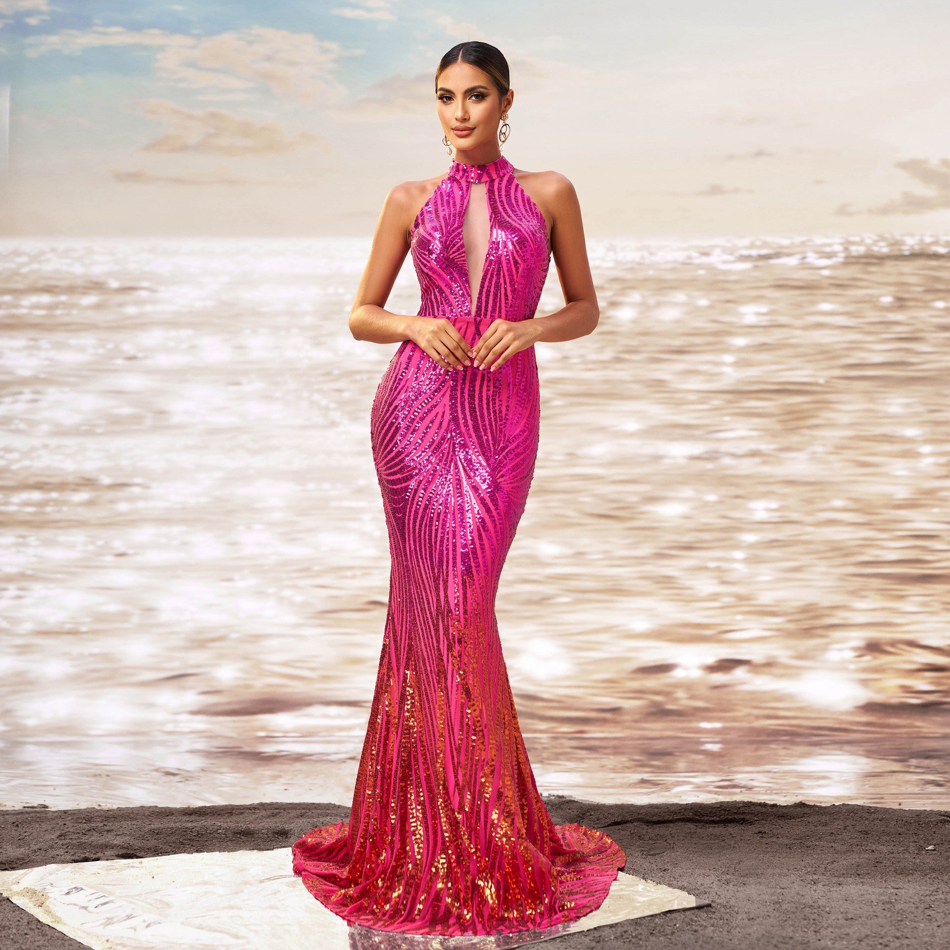 Monika Off-Shoulder Slim-Fit Sequined Evening Dress