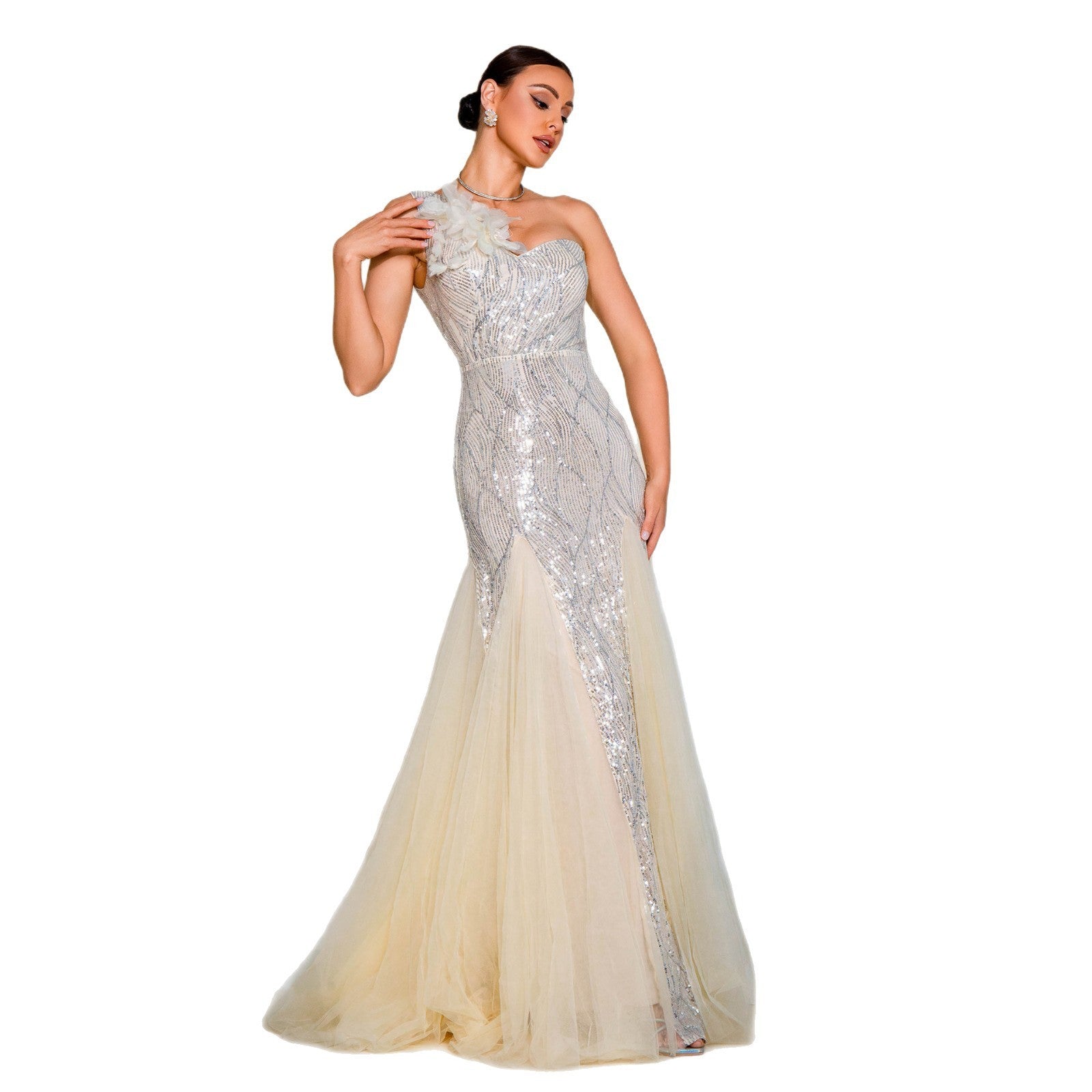 Monika One-Shoulder Slim-Fit Sequined Evening Dress