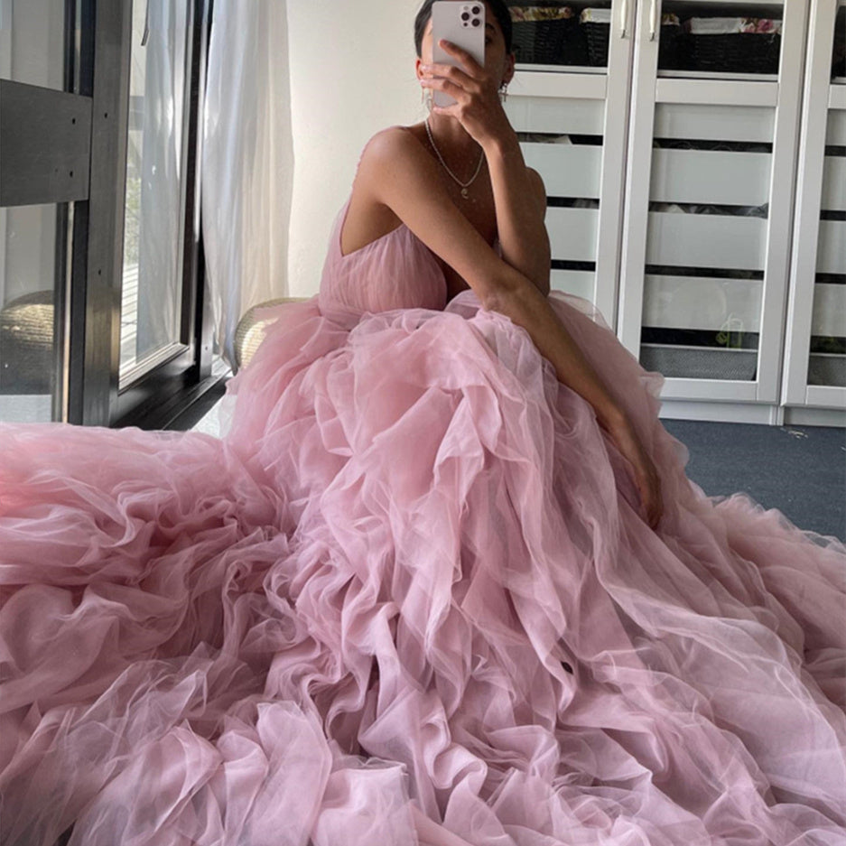 Monika Irregular Spaghetti-Strap Mesh Evening Gown