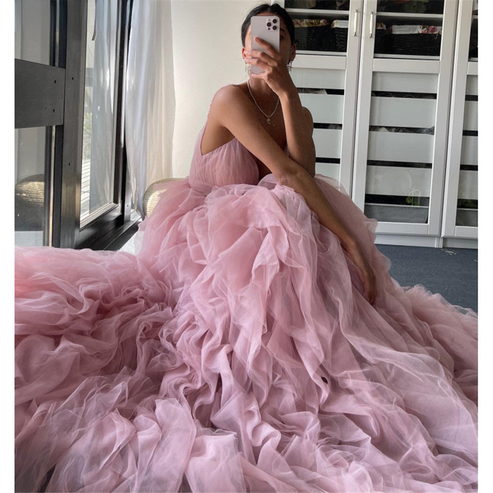 Monika Irregular Spaghetti-Strap Mesh Evening Gown