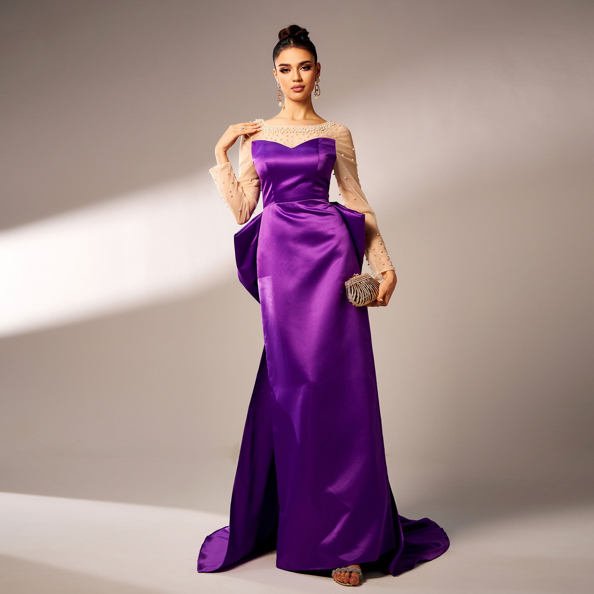 Monika Long-Sleeve Beaded Bow Evening Dress