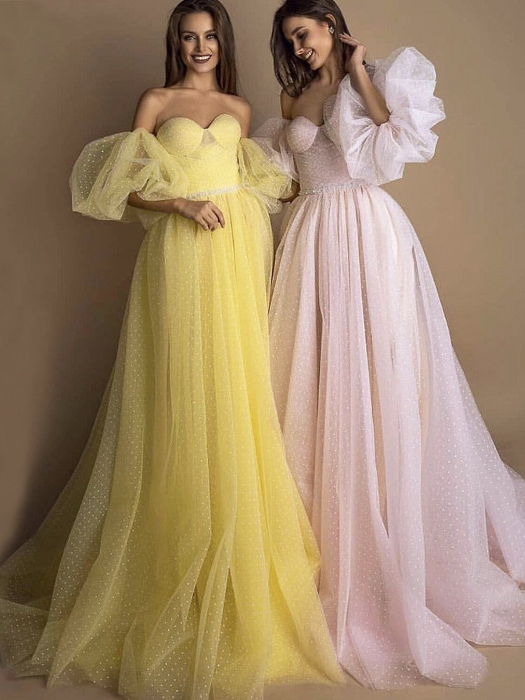 Monika Tube Top Evening Gown with Lantern Sleeves